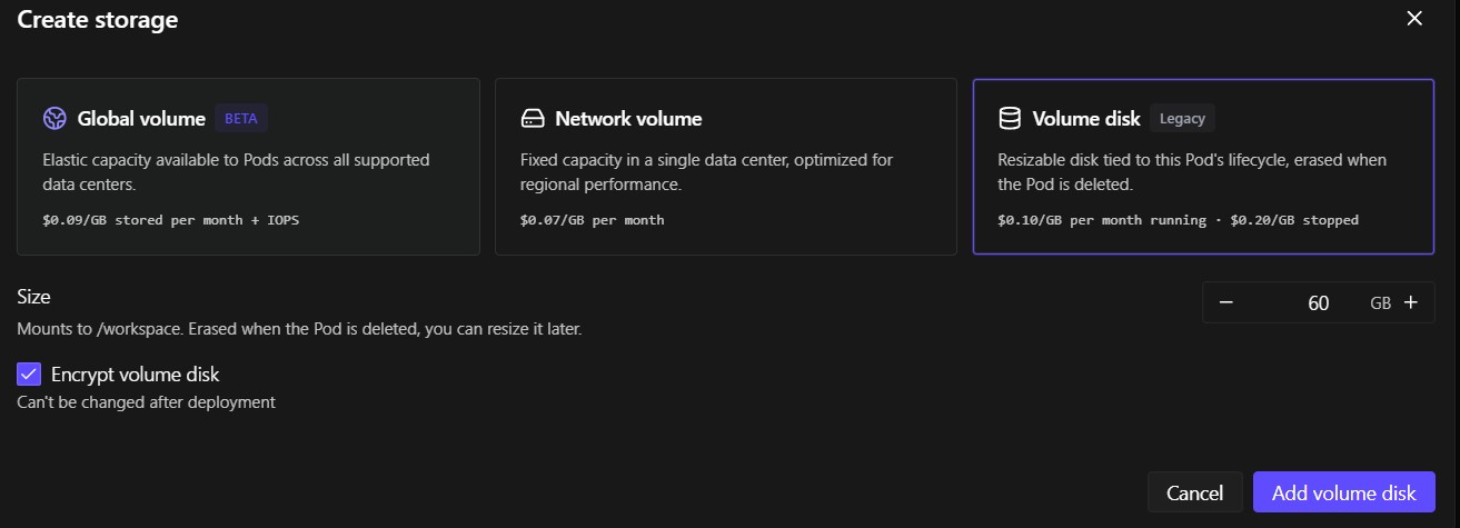 RunPod screen for volume selection